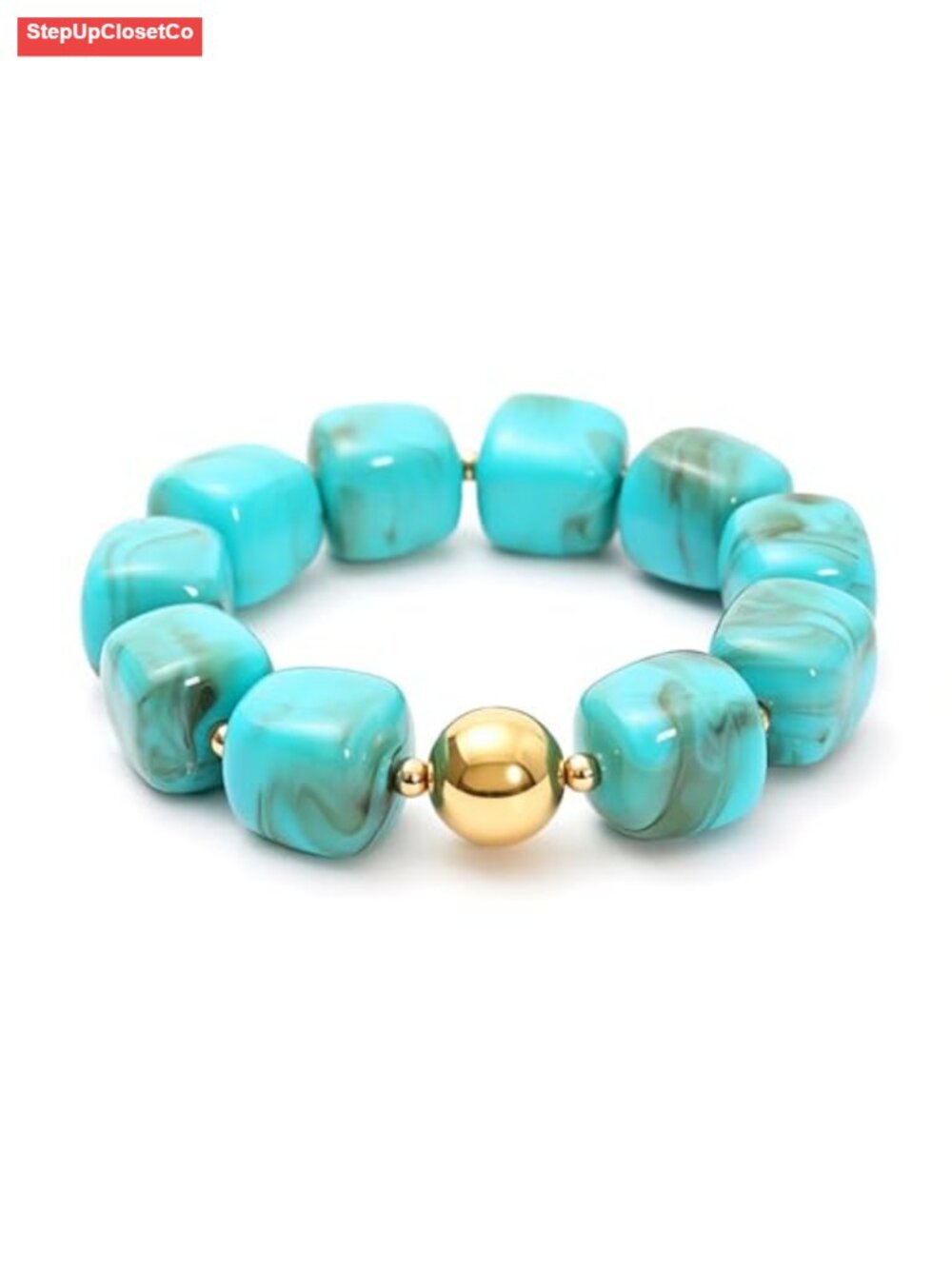Chunky Marble Acrylic Beaded Stretch Bracelet Boho Gold Accent Women Statement